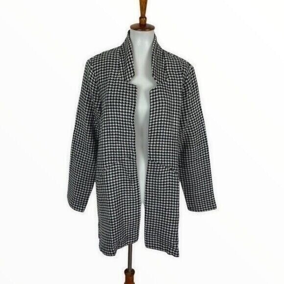 Caslon Medium Black White Houndstooth Open Front Long Sleeve Lightweight Jacket - Picture 1 of 8